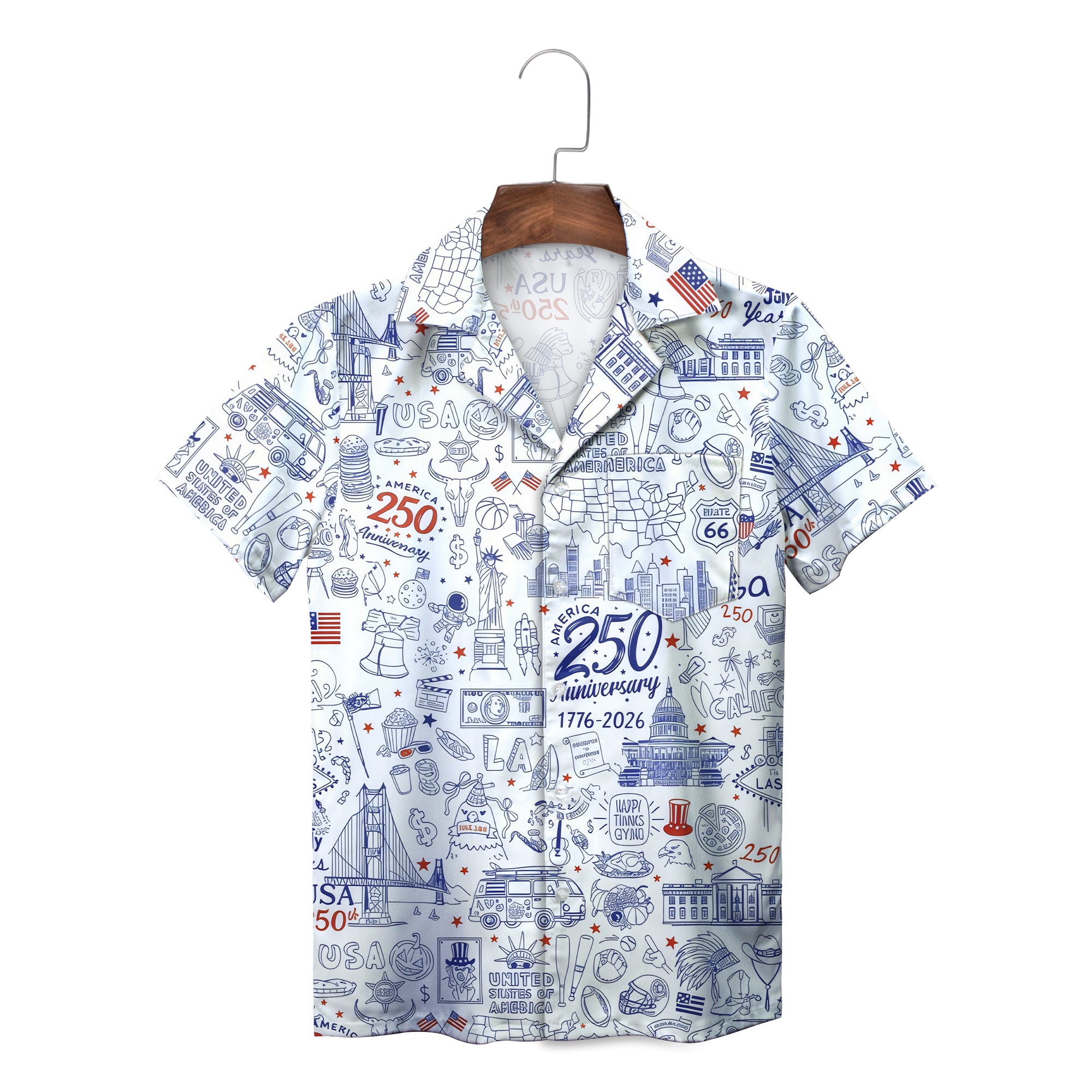 White Hawaiian shirt with blue American doodle illustrations
