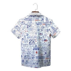 White Hawaiian shirt with blue American doodle illustrations variant 2