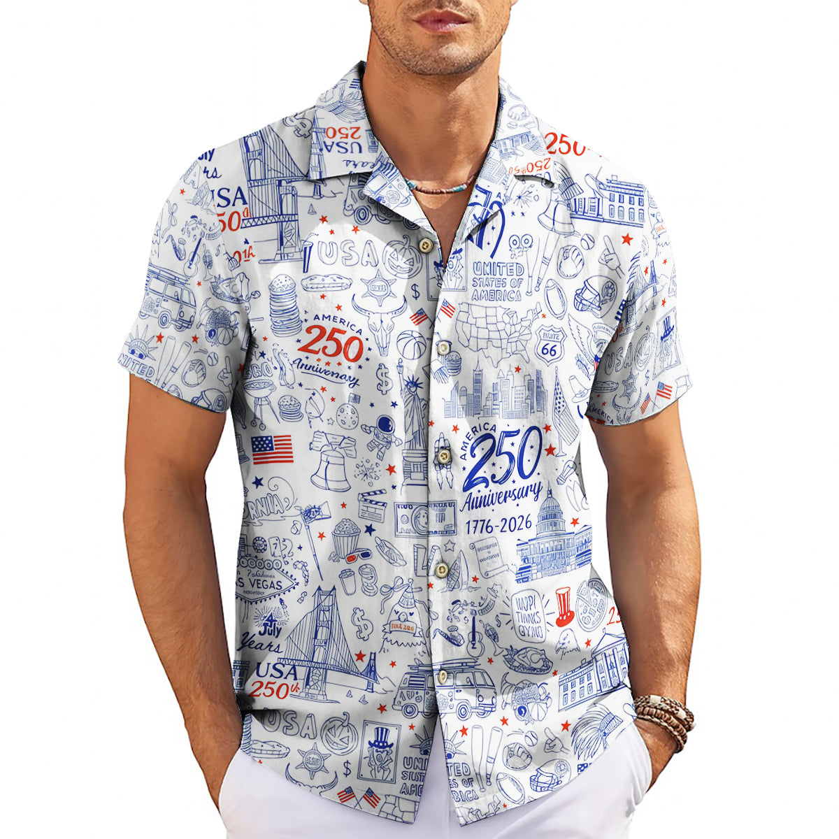 White Hawaiian shirt with blue American doodle illustrations variant 3