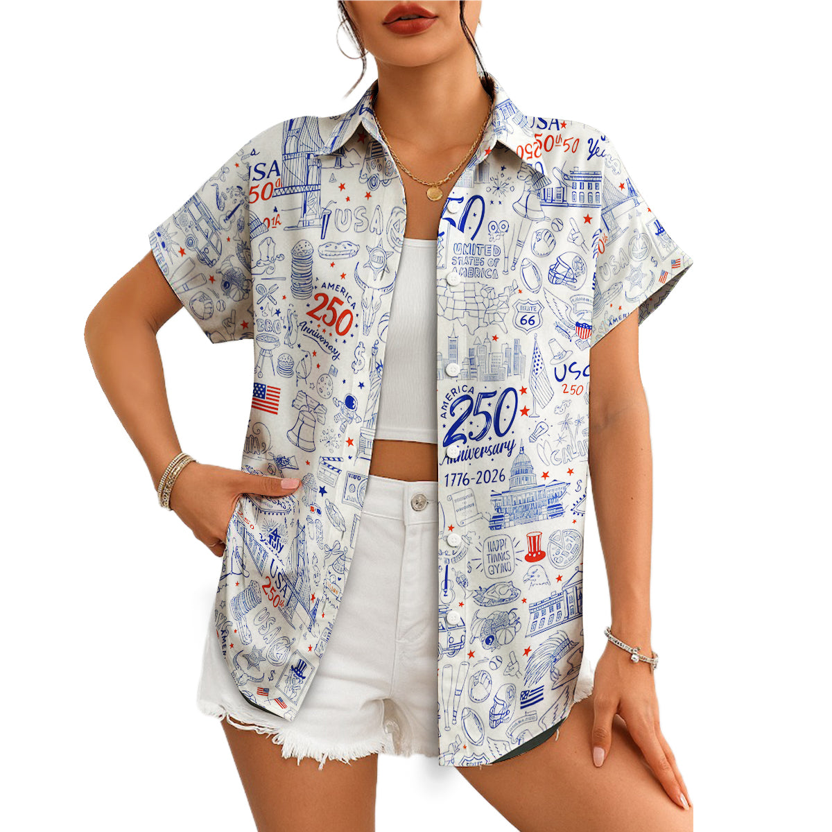 White Hawaiian shirt with blue American doodle illustrations variant 4
