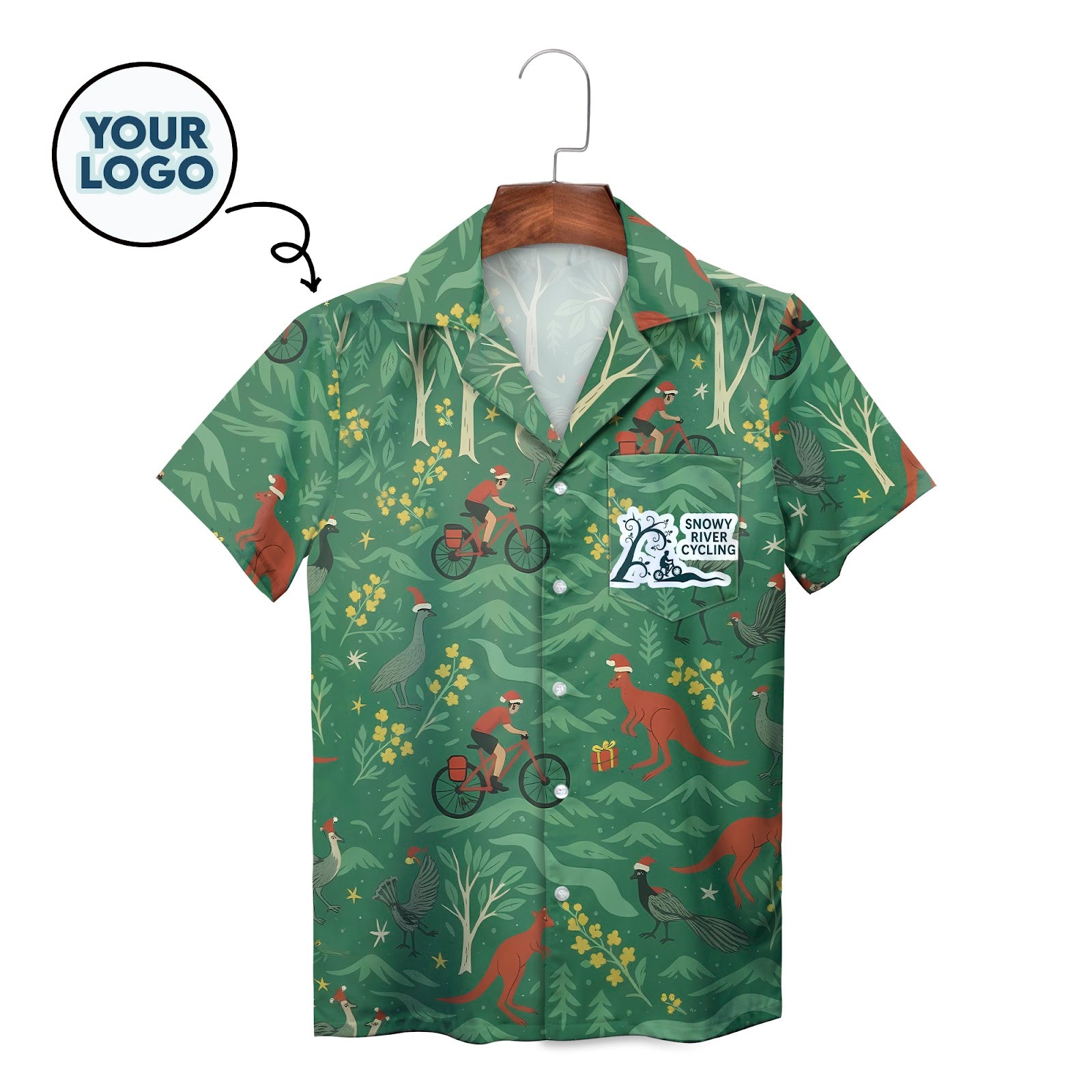 Green Hawaiian shirt with kangaroos cyclists emus Christmas theme