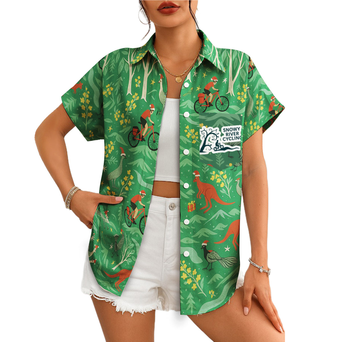 Green Hawaiian shirt with kangaroos cyclists emus Christmas theme variant 4