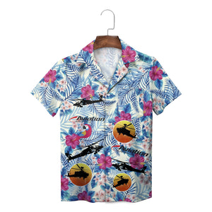 Blue palm leaf pink hibiscus helicopter sunset Hawaiian shirt
