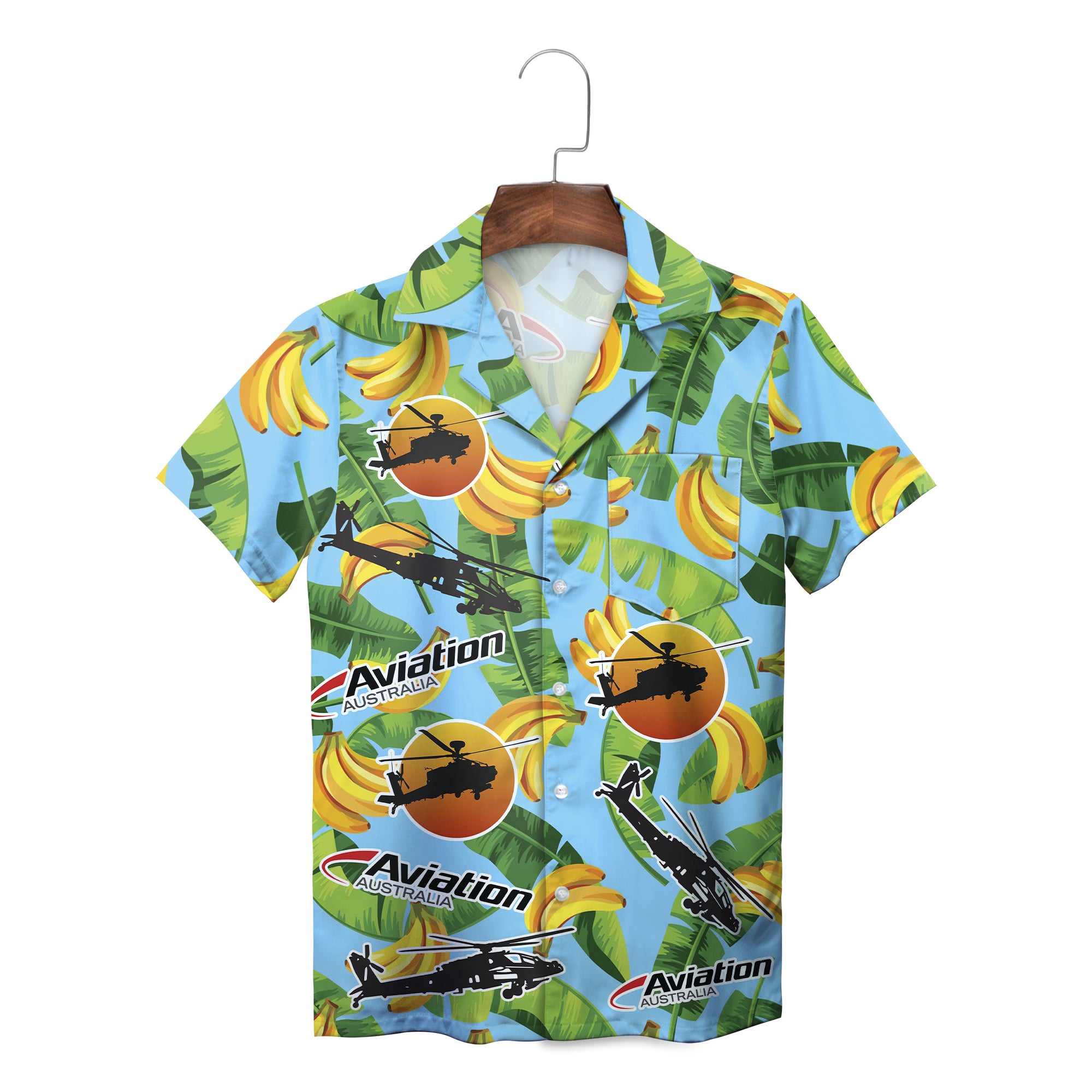 Blue palm leaf pink hibiscus helicopter sunset Hawaiian shirt variant 2