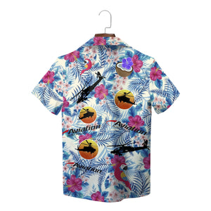 Blue palm leaf pink hibiscus helicopter sunset Hawaiian shirt variant 3