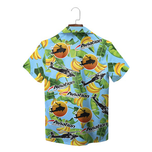 Blue palm leaf pink hibiscus helicopter sunset Hawaiian shirt variant 4