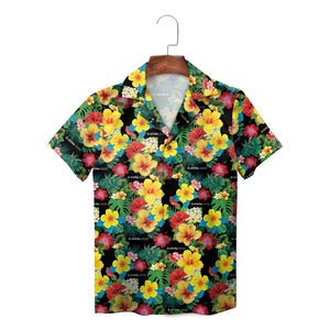 Black tropical bloom aloha shirt on wooden hanger