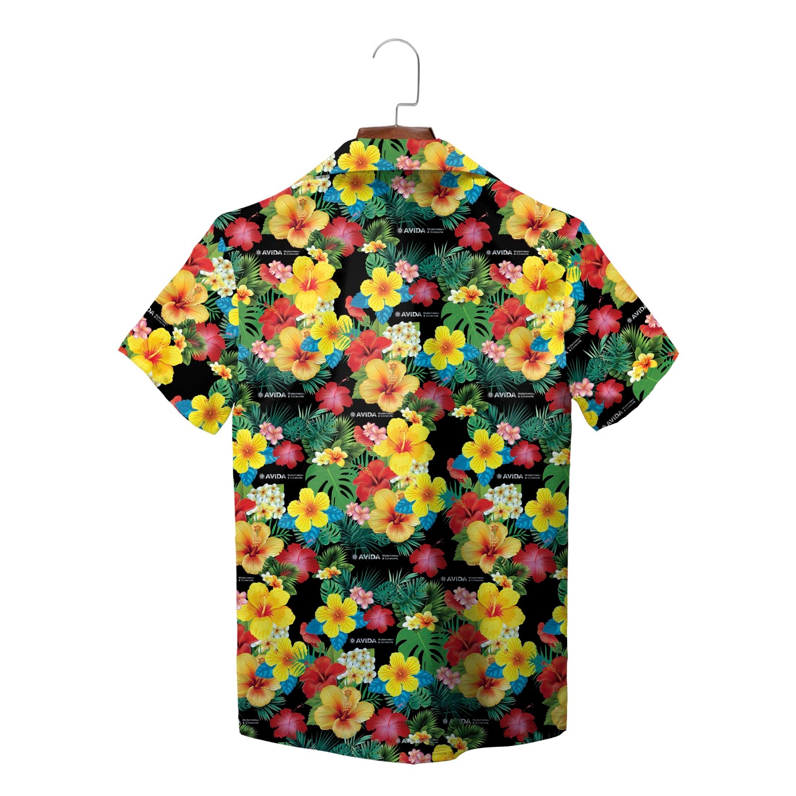 Black tropical bloom aloha shirt on wooden hanger variant 2