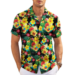 Black tropical bloom aloha shirt on wooden hanger variant 3