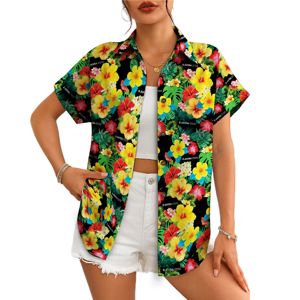 Black tropical bloom aloha shirt on wooden hanger variant 4