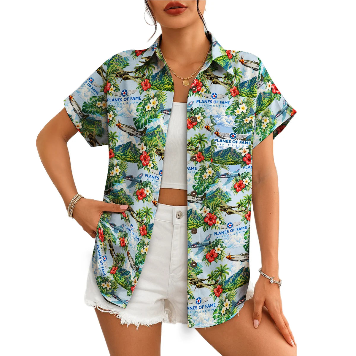 Vintage Warbird and Hibiscus Sky Blue Custom Hawaiian Shirt