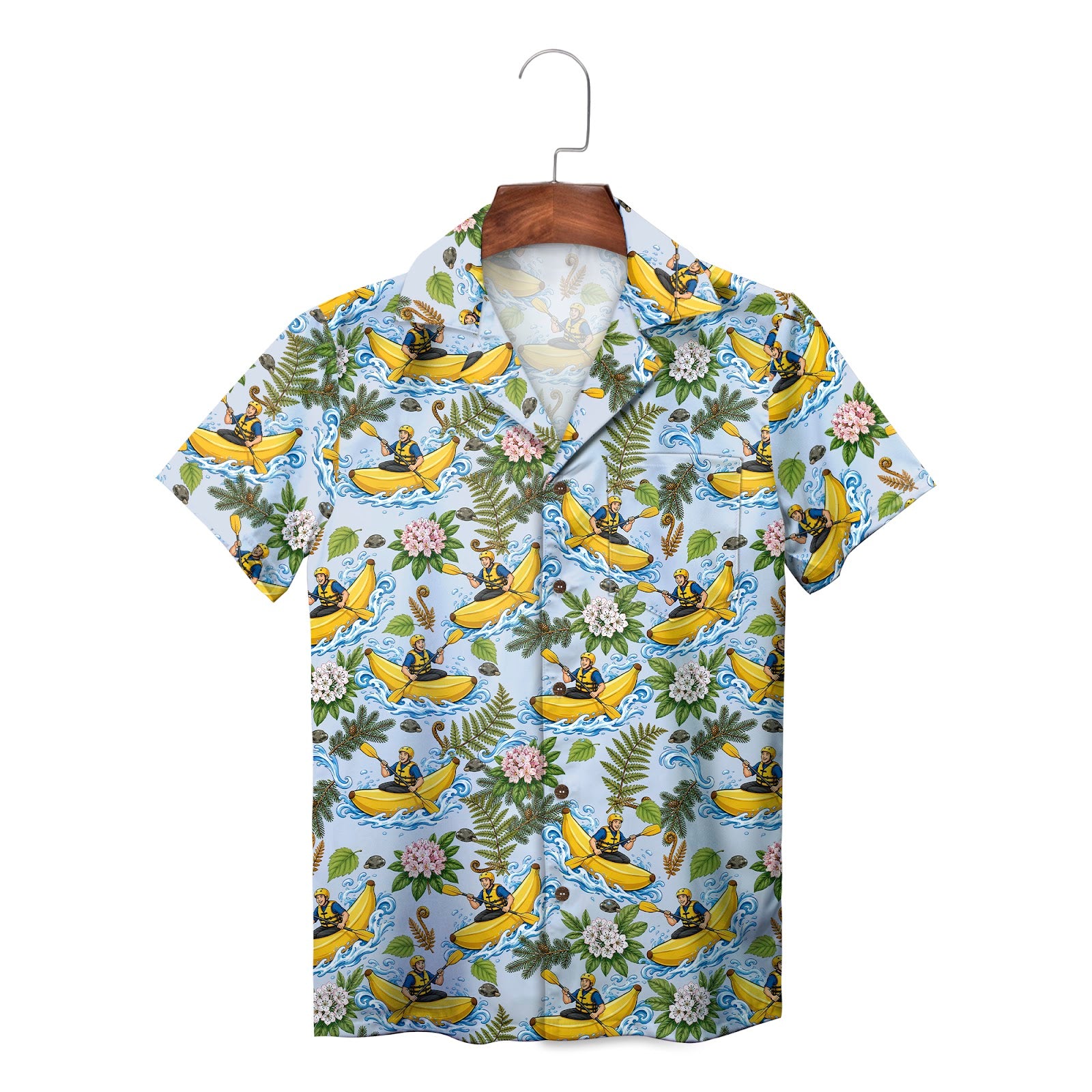 Blue aloha shirt featuring banana kayak rafting print