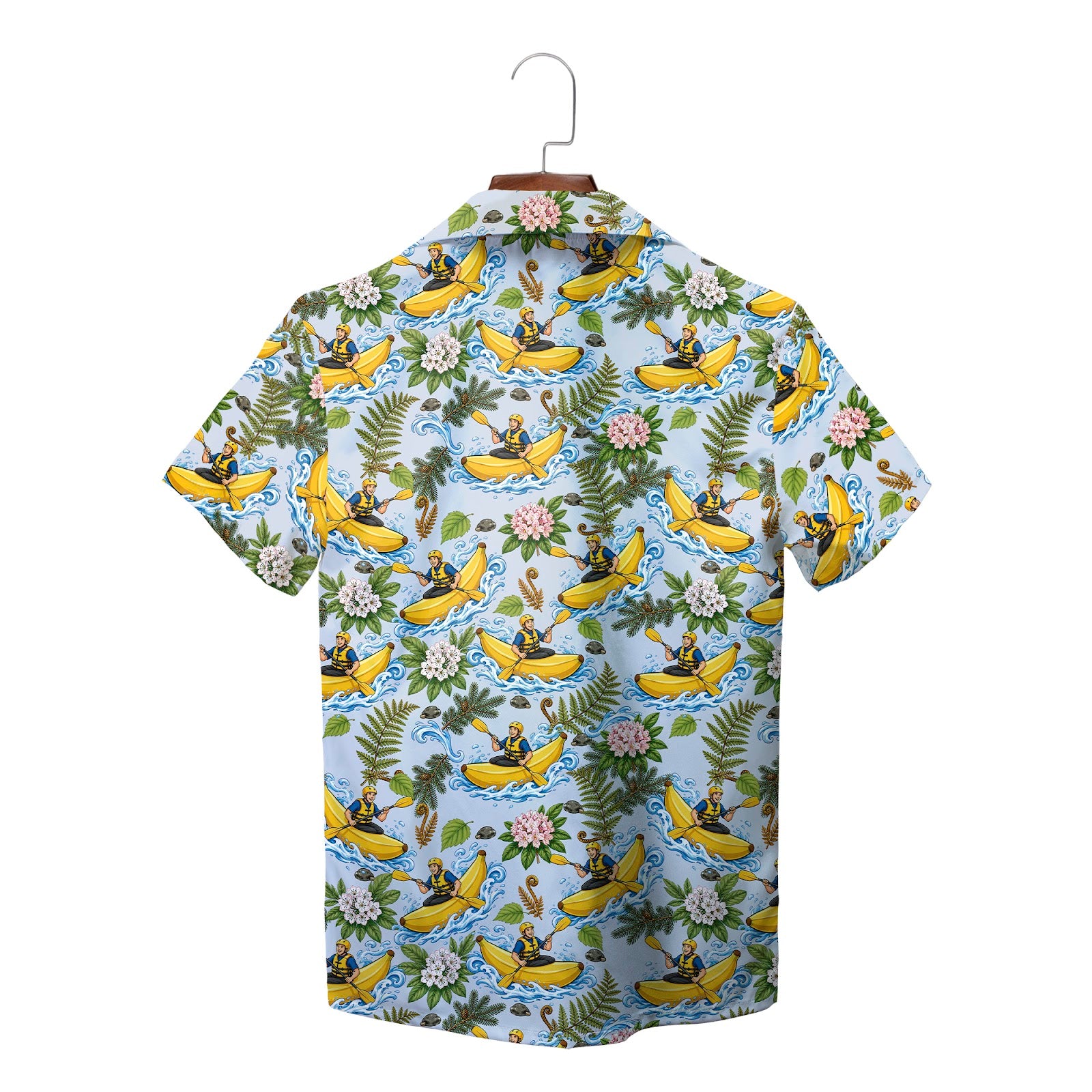 Blue aloha shirt featuring banana kayak rafting print variant 2