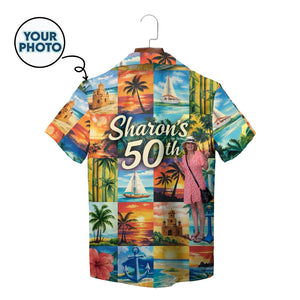 Colorful beach scene patchwork Hawaiian shirt on wooden hanger variant 2