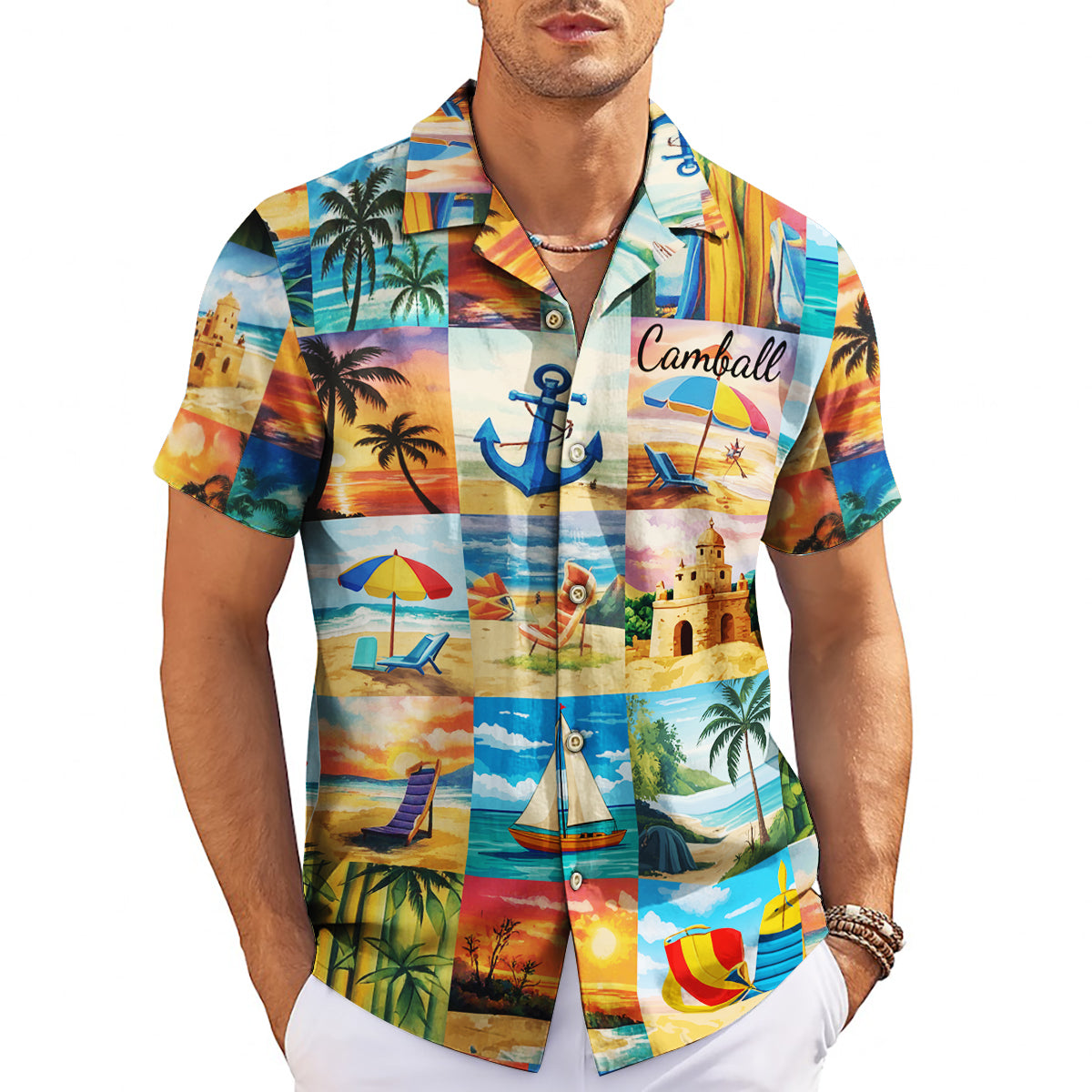 Colorful beach scene patchwork Hawaiian shirt on wooden hanger variant 3
