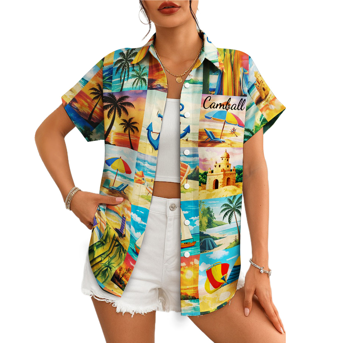 Colorful beach scene patchwork Hawaiian shirt on wooden hanger variant 4