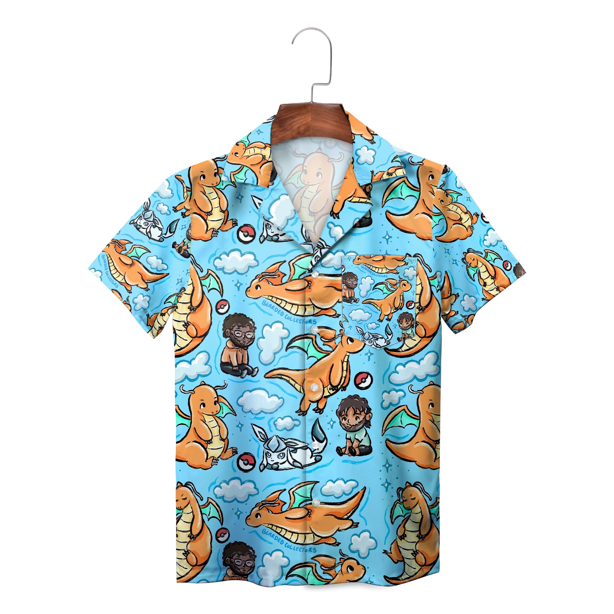 Orange dragon characters on light blue cloud print shirt