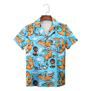 Orange dragon characters on light blue cloud print shirt