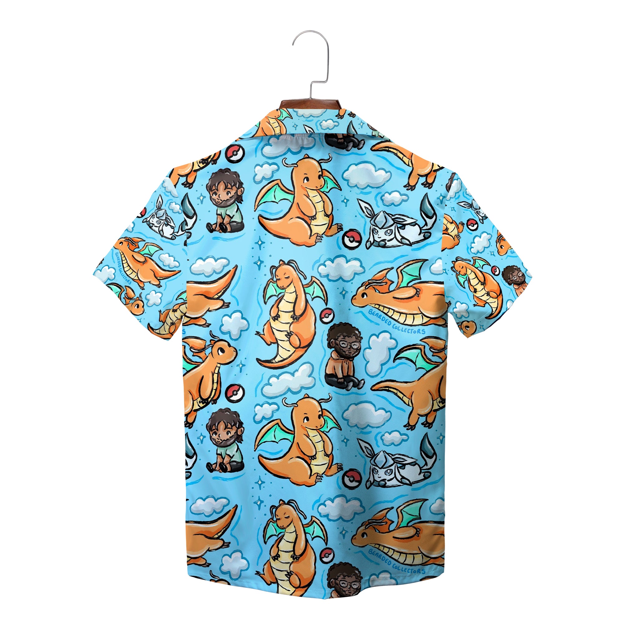 Orange dragon characters on light blue cloud print shirt variant 2