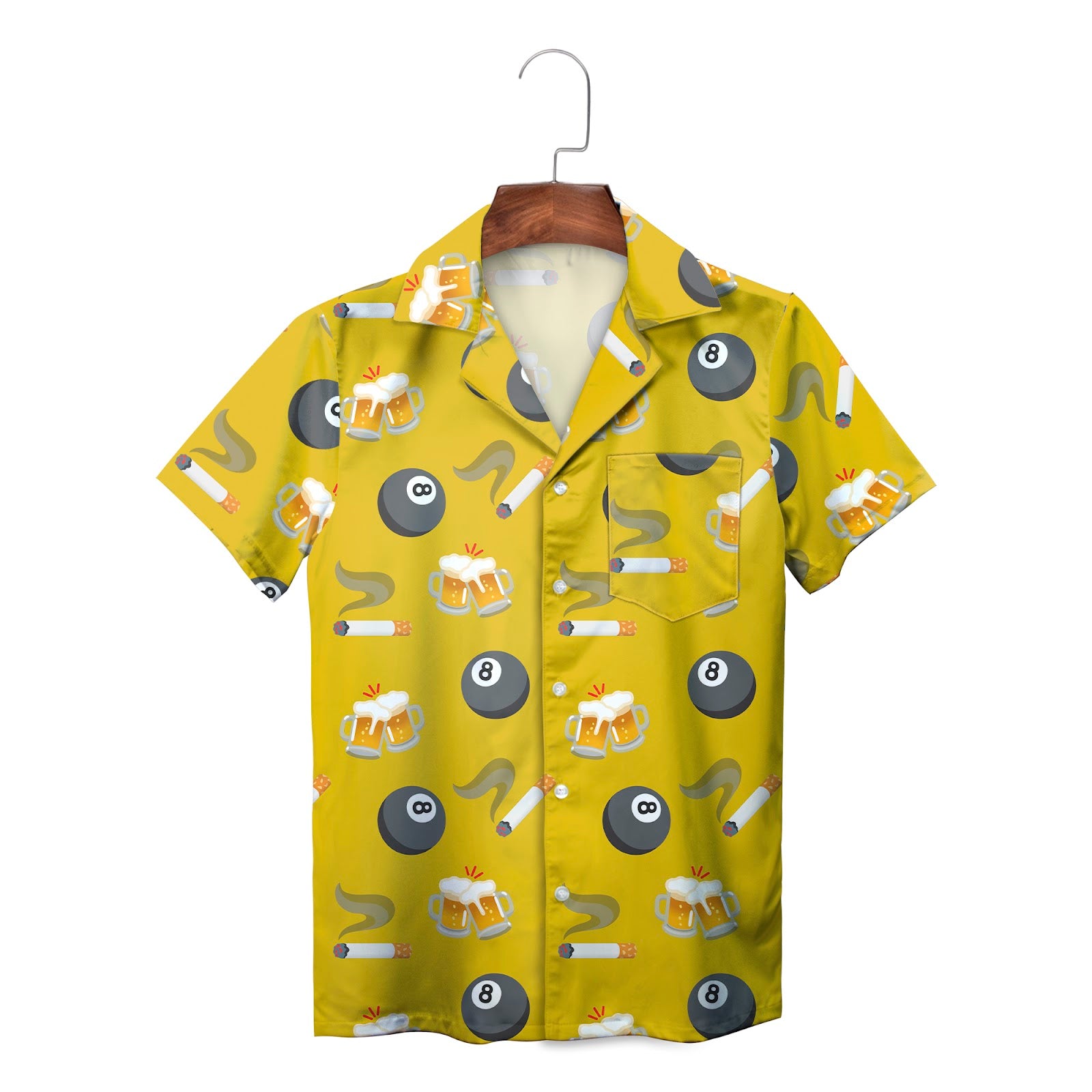 Yellow Hawaiian shirt with 8-ball beer mugs cigarette print