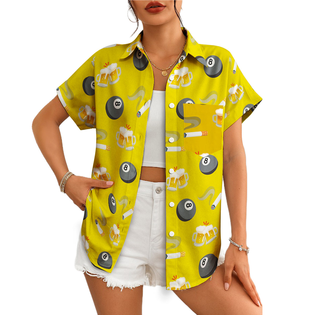 Yellow Hawaiian shirt with 8-ball beer mugs cigarette print variant 4