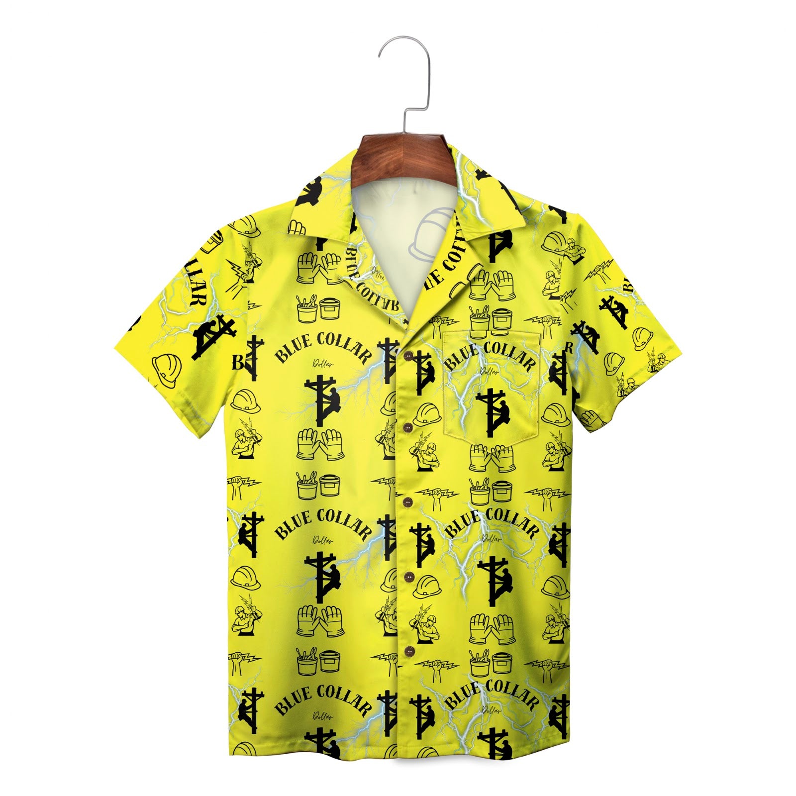 High vis chartreuse camp shirt printed electrician icons