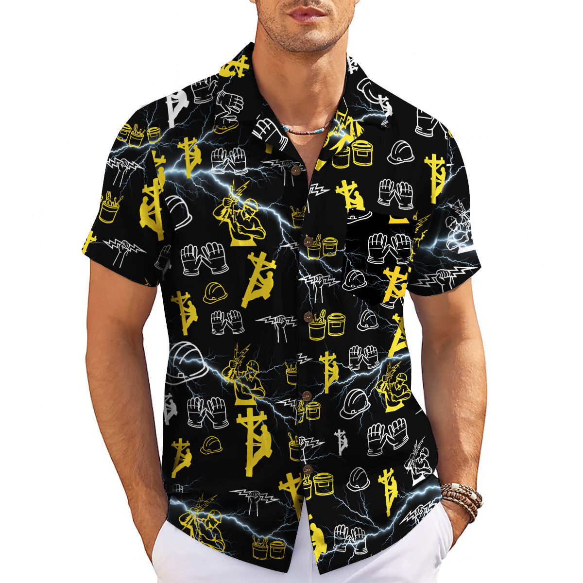 High vis chartreuse camp shirt printed electrician icons variant 5