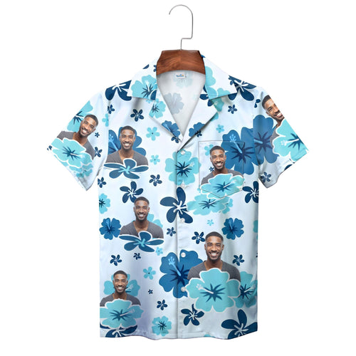 Blue Hibiscus on White and Aqua Personalized Hawaiian Shirt