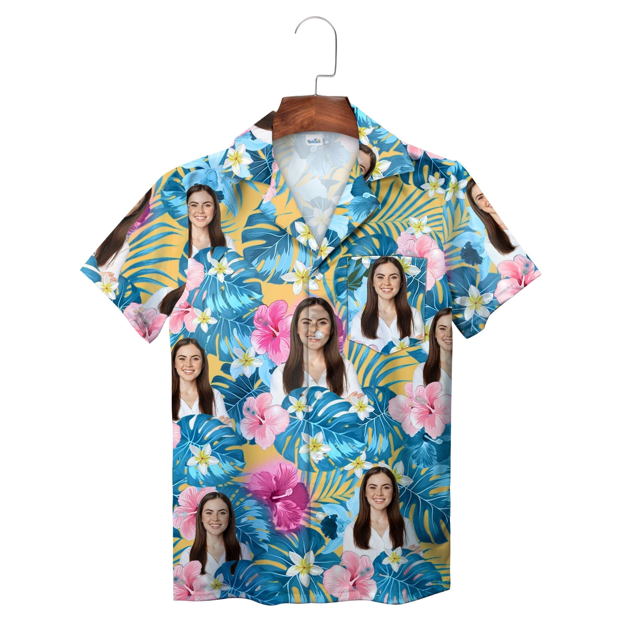 Blue and Pink Hibiscus Bloom Face Hawaiian Shirt