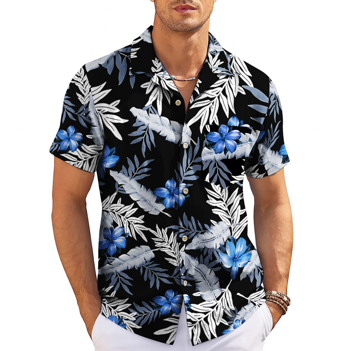 Black Hawaiian shirt blue plumeria gray palm leaf print variant 3