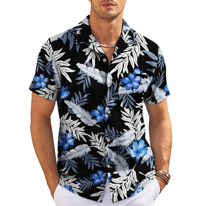 Black Hawaiian shirt blue plumeria gray palm leaf print variant 3