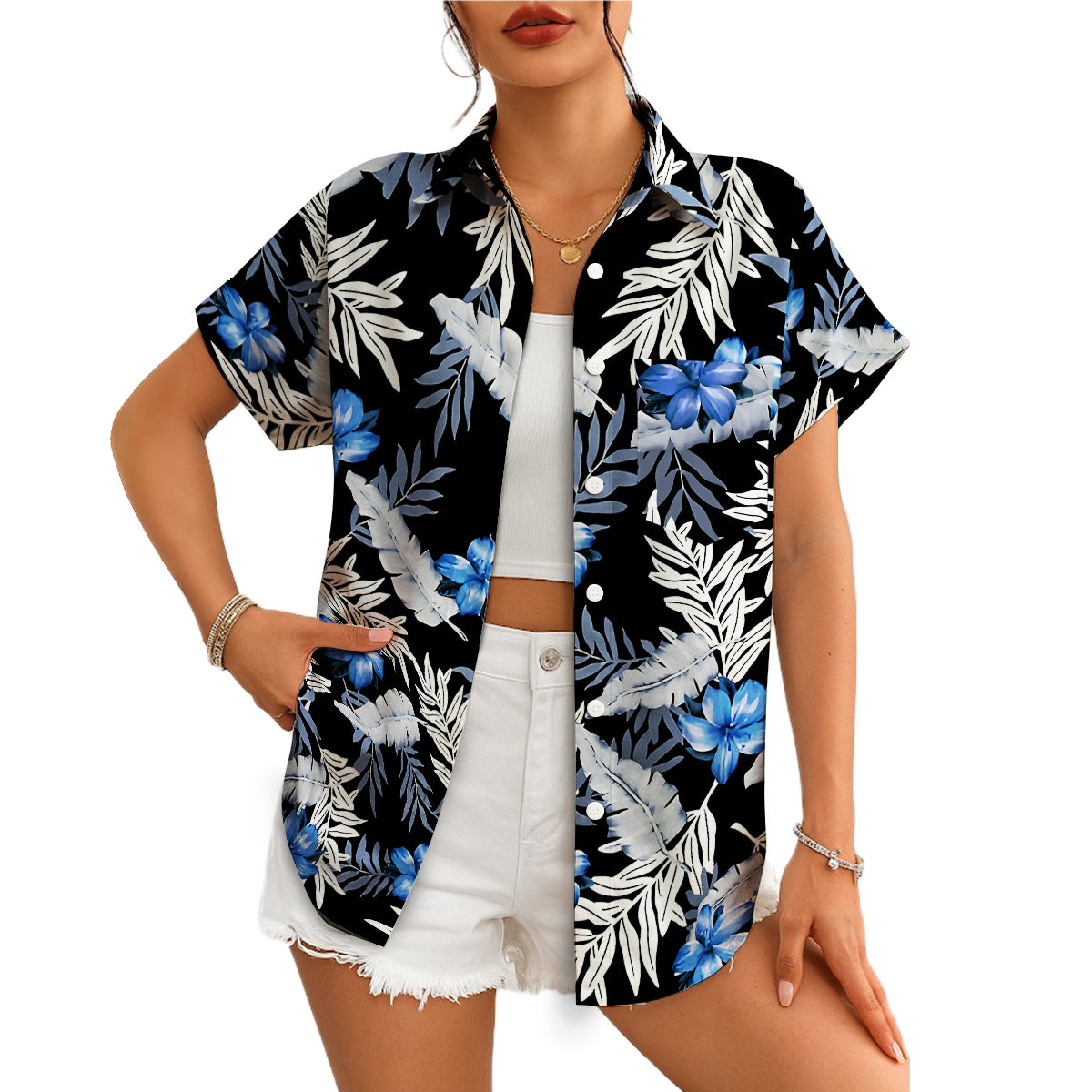 Black Hawaiian shirt blue plumeria gray palm leaf print variant 4