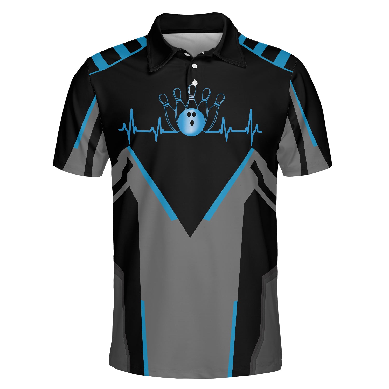 Black grey polo showing bowling ball pins heartbeat line