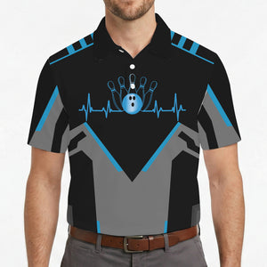 Black grey polo showing bowling ball pins heartbeat line variant 4