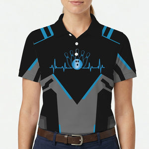 Black grey polo showing bowling ball pins heartbeat line variant 5