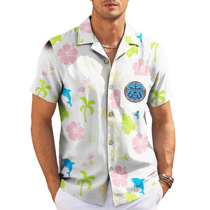 White Hawaiian shirt with dolphins hibiscus palms bulldog logo variant 3