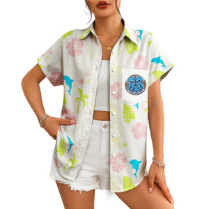 White Hawaiian shirt with dolphins hibiscus palms bulldog logo variant 4