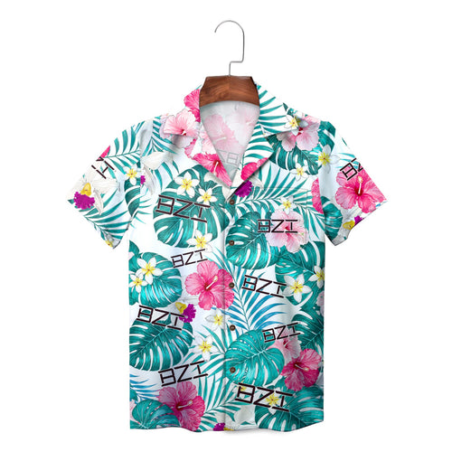 BZI Tropical Hibiscus Monstera Leaf Hawaiian Shirt Pink Teal Print