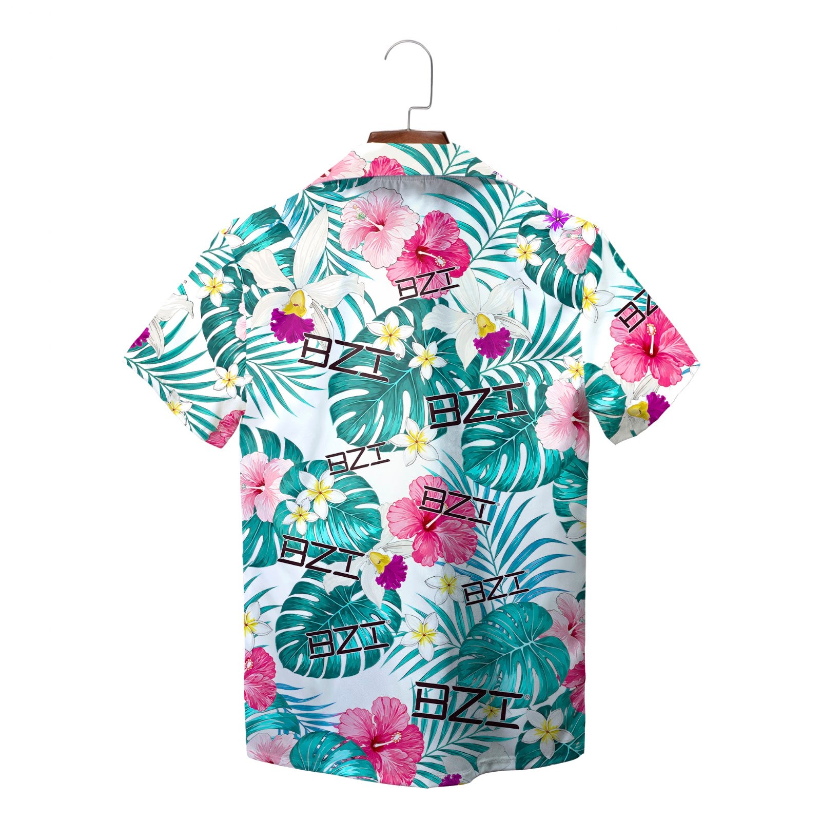 Teal palm leaf aloha shirt on wooden hanger, BZI logo variant 2