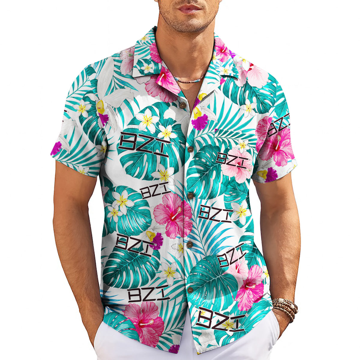 Teal palm leaf aloha shirt on wooden hanger, BZI logo variant 3