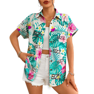 Teal palm leaf aloha shirt on wooden hanger, BZI logo variant 4