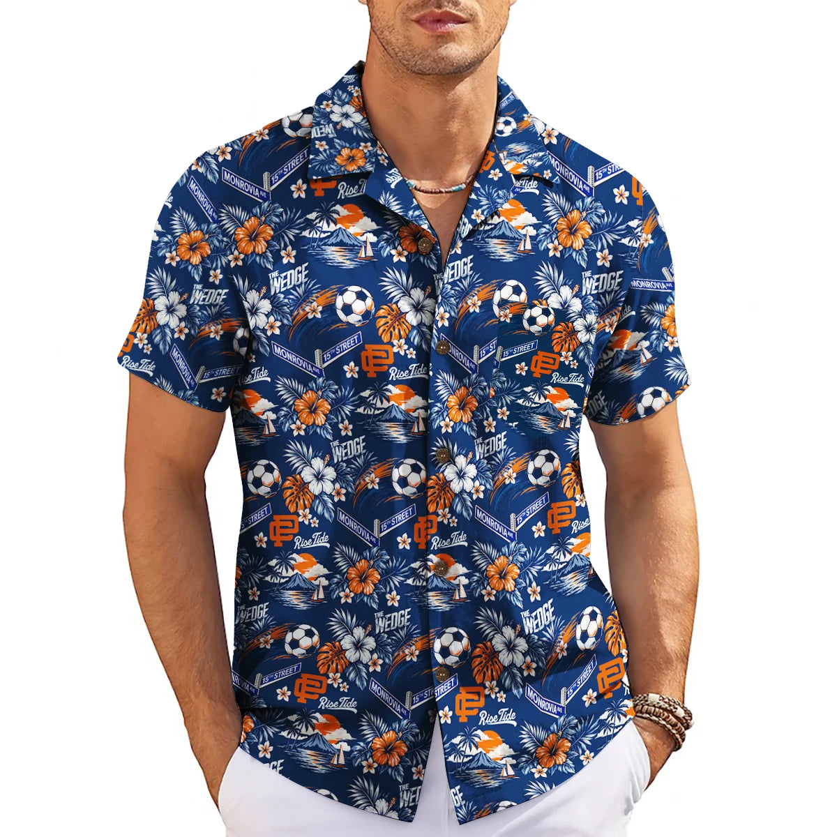 Soccer Ball and Hibiscus Navy Blue Custom Hawaiian Shirt