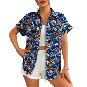 Soccer Ball and Hibiscus Navy Blue Custom Hawaiian Shirt