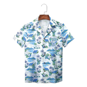 White camp shirt showing solar panels palms mountains beaches