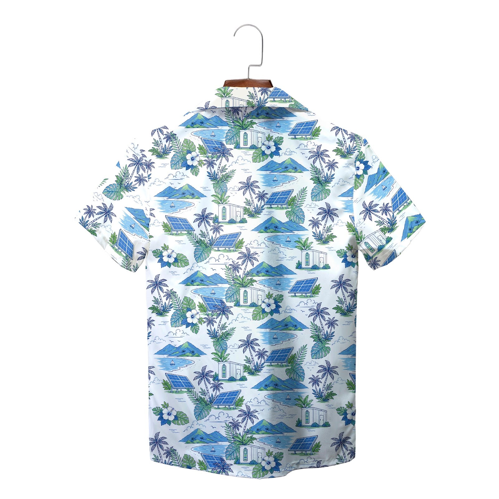 White camp shirt showing solar panels palms mountains beaches variant 2
