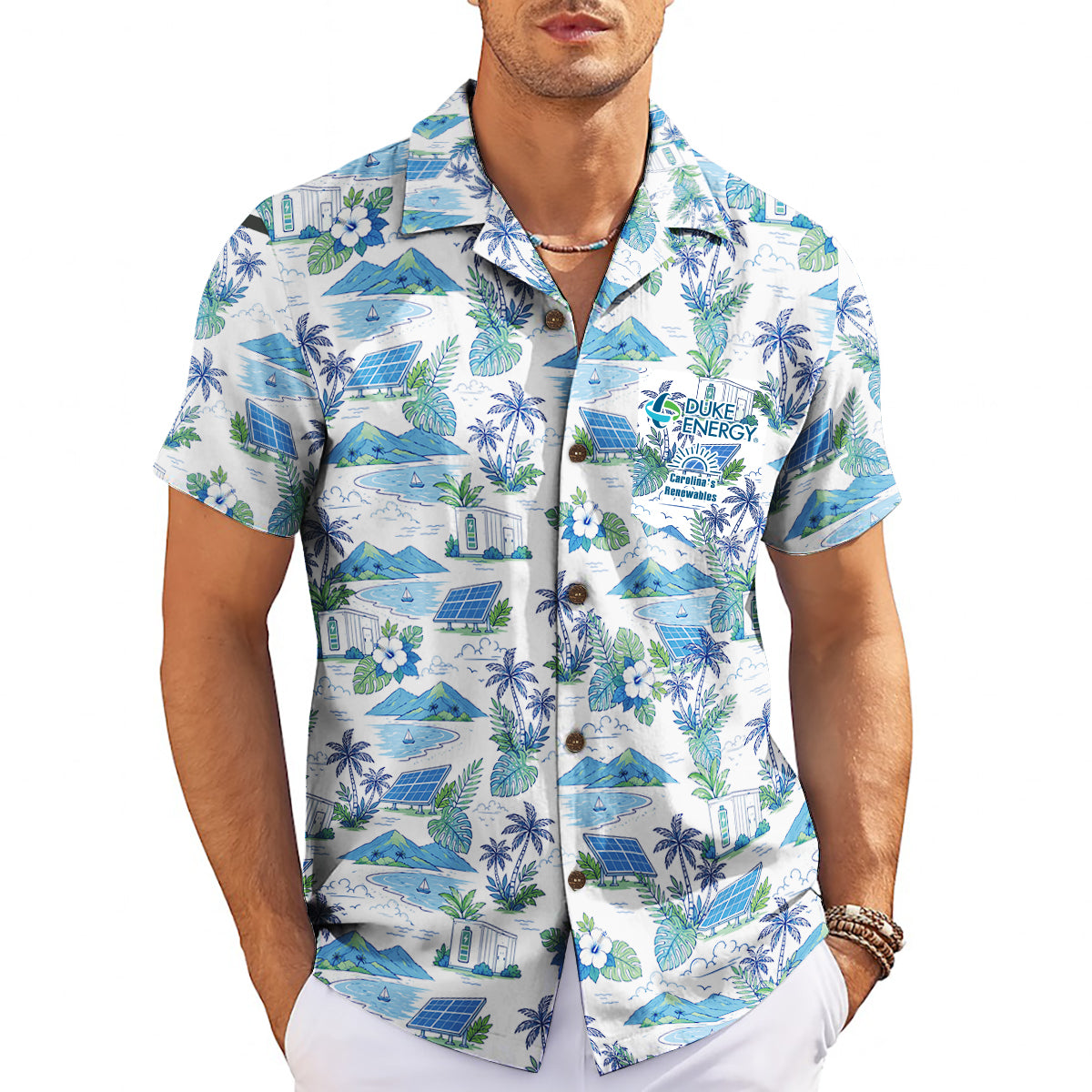 White camp shirt showing solar panels palms mountains beaches variant 3