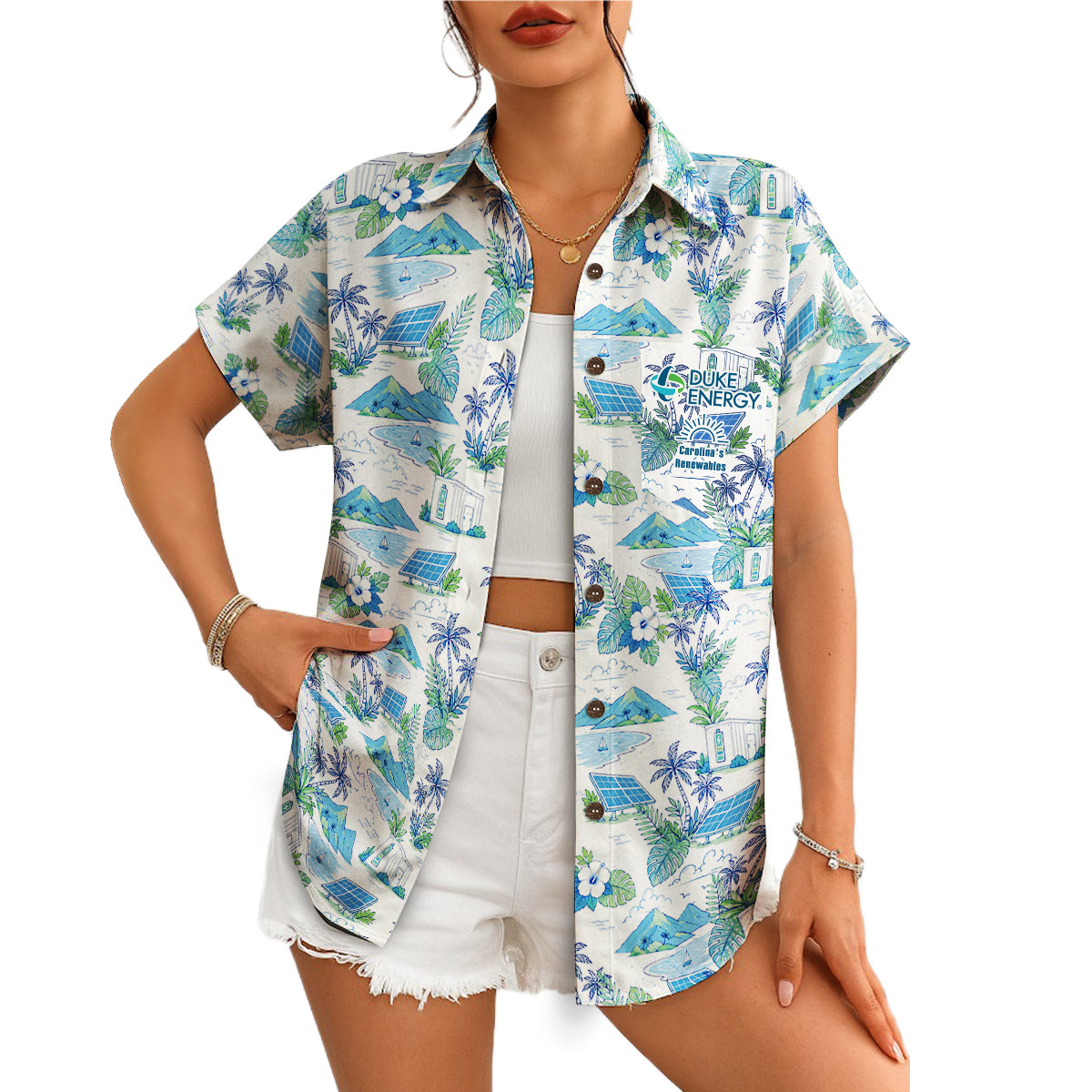 White camp shirt showing solar panels palms mountains beaches variant 4