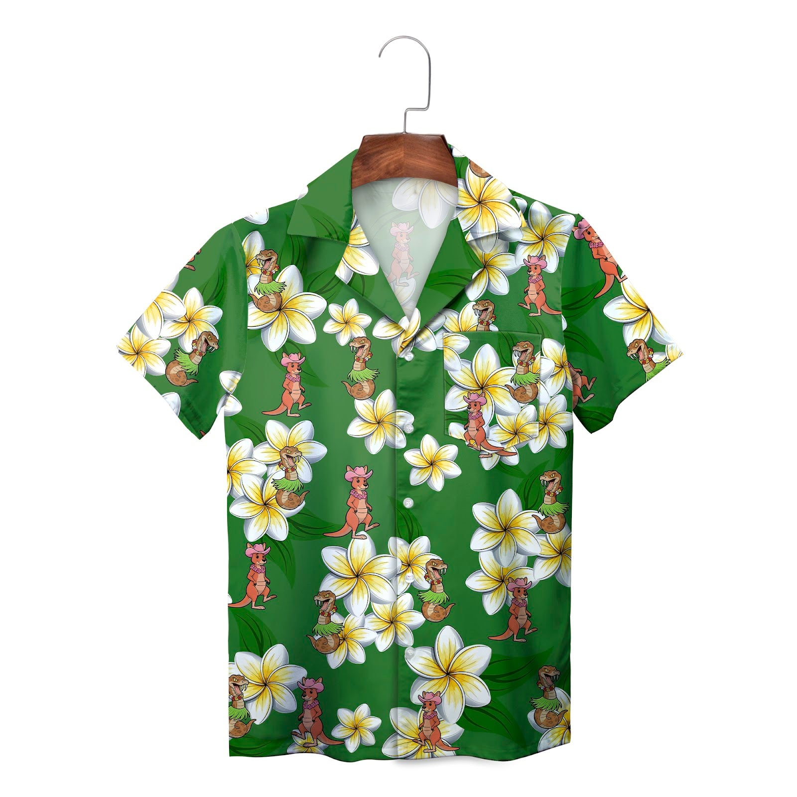 Green Hawaiian shirt with cartoon kangaroos dinosaurs plumeria