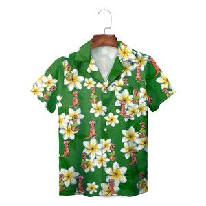 Green Hawaiian shirt with cartoon kangaroos dinosaurs plumeria