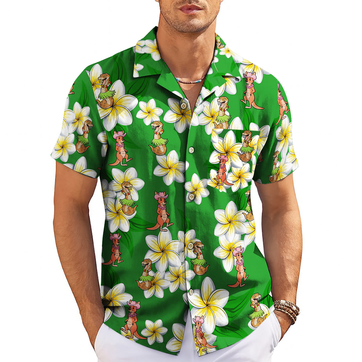 Green Hawaiian shirt with cartoon kangaroos dinosaurs plumeria variant 3